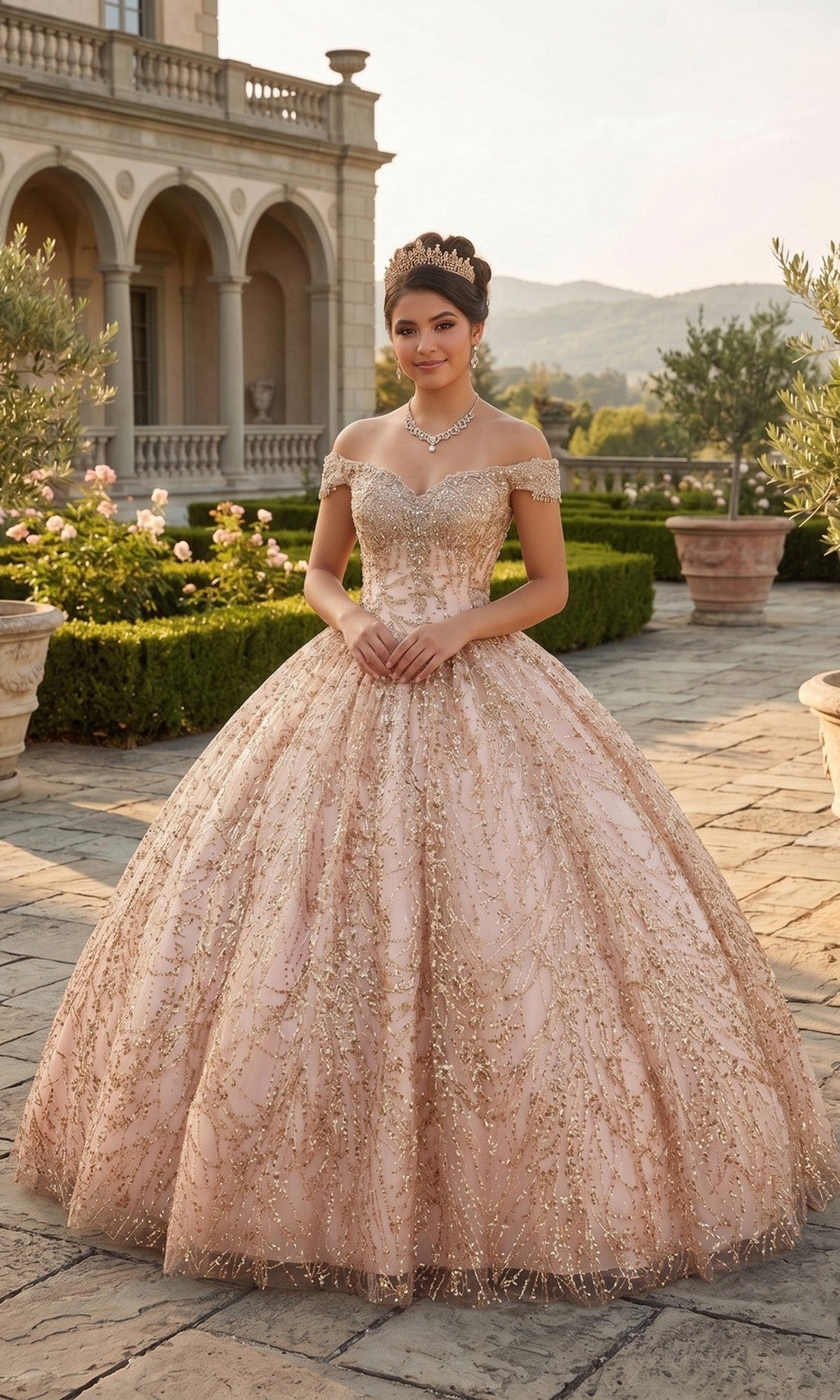A young woman stands outside a grand building, manicured gardens stretching out behind her, wearing the Quinceanera Dress CHF3011 By Chicas in Rose—an ornate, off-the-shoulder gown with a delicate corset back and a shimmering tiara.